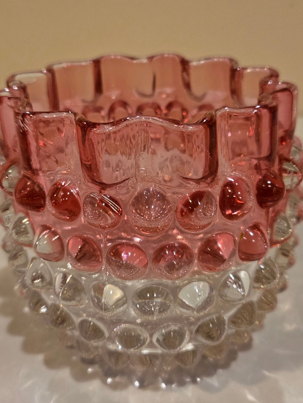 Vintage Northwood Pink & Clear Glass Hobnail Votive Candle Holder -